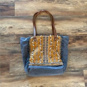 Bohemian Patterned Tote Bag with Brown Straps